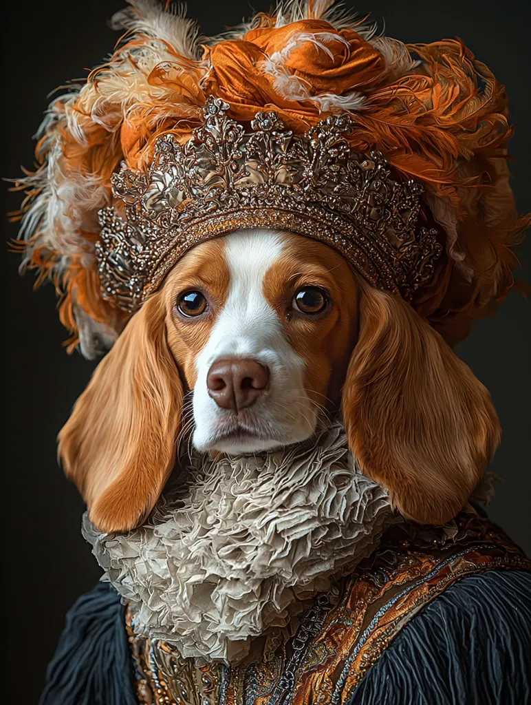 A dog, possibly a beagle, is dressed in a royal outfit. It wears a large, ornate crown made of gold and jewels, with feathers adorning the top. A white ruffle collar adds to the regal look. The dog has a serious expression and looks directly at the viewer, as if posing for a portrait. The background is dark, emphasizing the dog's attire. The image is a humorous and whimsical take on the classic portrait style.