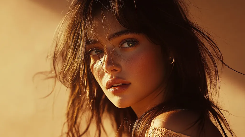 The image is a close-up portrait of a young woman with long, dark hair. Her skin is lightly freckled and has a golden tone. She is looking directly at the camera with a soft, slightly mysterious expression. Her hair is partially covering her face, creating a sense of intrigue. The lighting is warm and soft, highlighting her features and creating a dreamy atmosphere. The background is blurred, further emphasizing the subject's focus.  The overall mood of the image is one of natural beauty and quiet confidence.