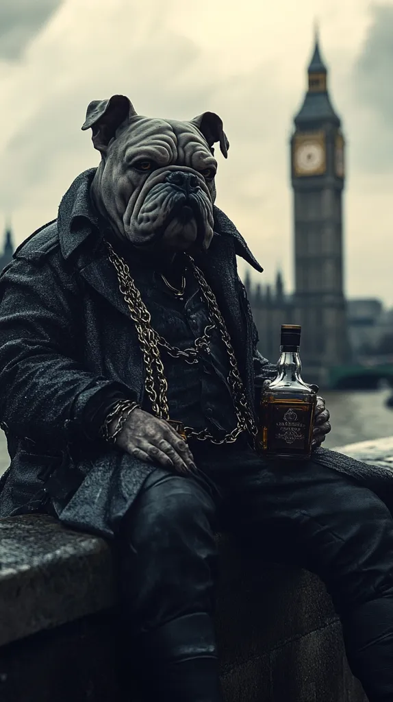 A bulldog wearing a long black coat and a chain sits on a stone ledge in front of Big Ben. He holds a bottle of whiskey in his right hand and stares into the distance with a stoic expression. The image has a dark and moody atmosphere, with the bulldog looking like a hardened criminal. The scene is a blend of reality and fantasy, with the bulldog's human-like attire and the majestic backdrop of London's iconic landmark.