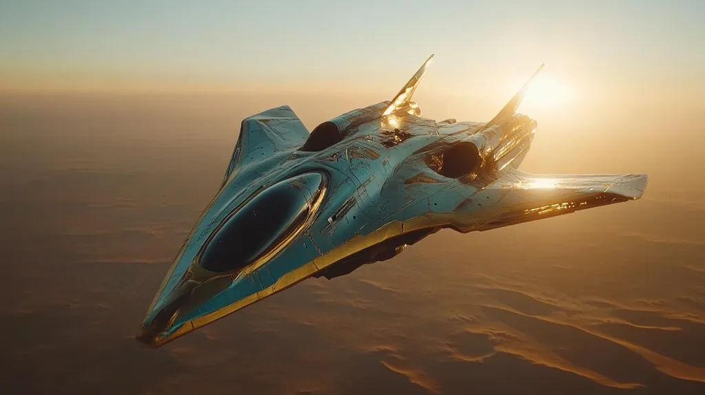 A sleek, futuristic spaceship, with a metallic blue and gold exterior, flies through the sky. The sun is setting, casting a warm glow on the surrounding desert landscape. The spaceship has a distinctive design, with sharp angles and a large cockpit window. It appears to be a high-speed, agile craft, ready for interstellar travel.