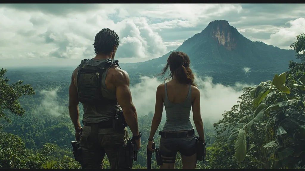 A man and a woman stand on a mountaintop overlooking a vast jungle landscape. The man is wearing a sleeveless shirt and cargo pants, while the woman is in a tank top and shorts. They both appear to be armed, with guns visible on their hips. Behind them, a towering mountain peak rises into a cloudy sky. The scene conveys a sense of adventure and danger, with the couple facing an unknown future.