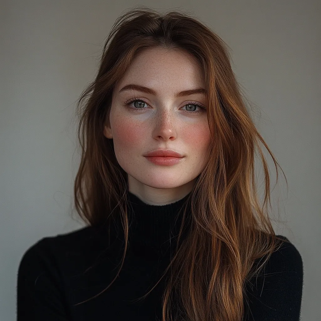 The image shows a young woman with long, flowing brown hair. She is wearing a black turtleneck sweater and has a soft, natural look. She has light skin, freckles, and rosy cheeks. Her eyes are a warm brown color. Her expression is calm and serene, with a hint of a smile. The background is a neutral gray. The overall effect is one of beauty and innocence.