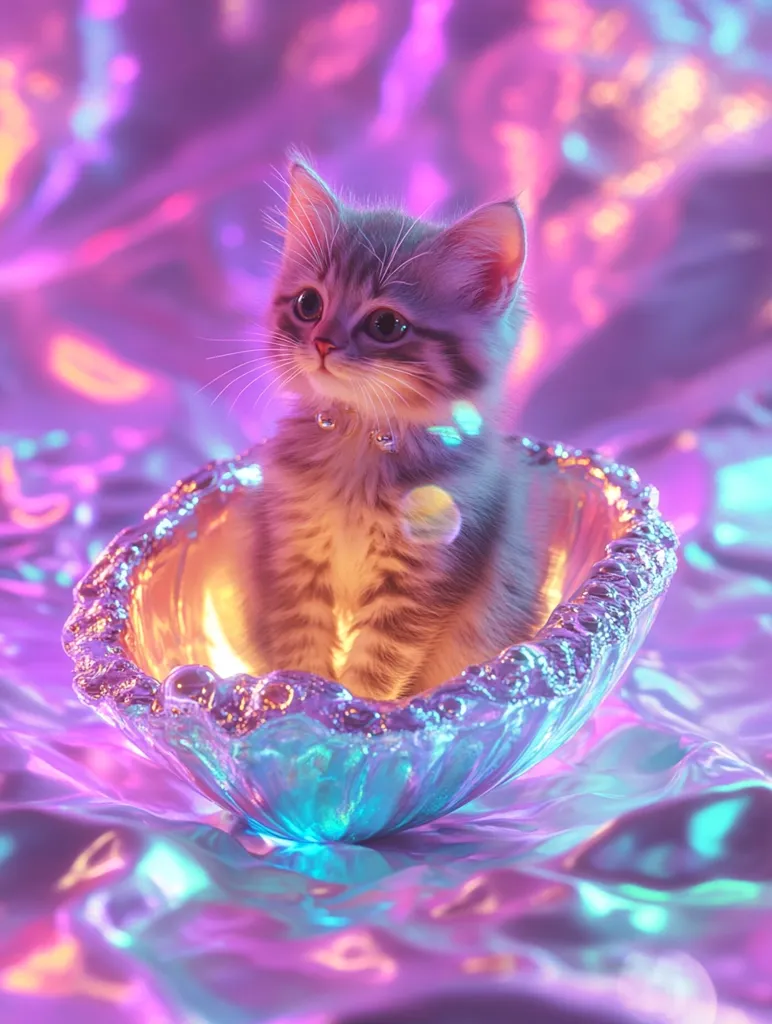 A small, grey tabby kitten sits in a shiny, iridescent bowl. It's wearing a tiny silver collar. The background is a blurry, iridescent surface with purple and blue hues. The kitten looks out with big, innocent eyes. The image is full of pastel colors and soft lighting, creating a whimsical and magical feel.