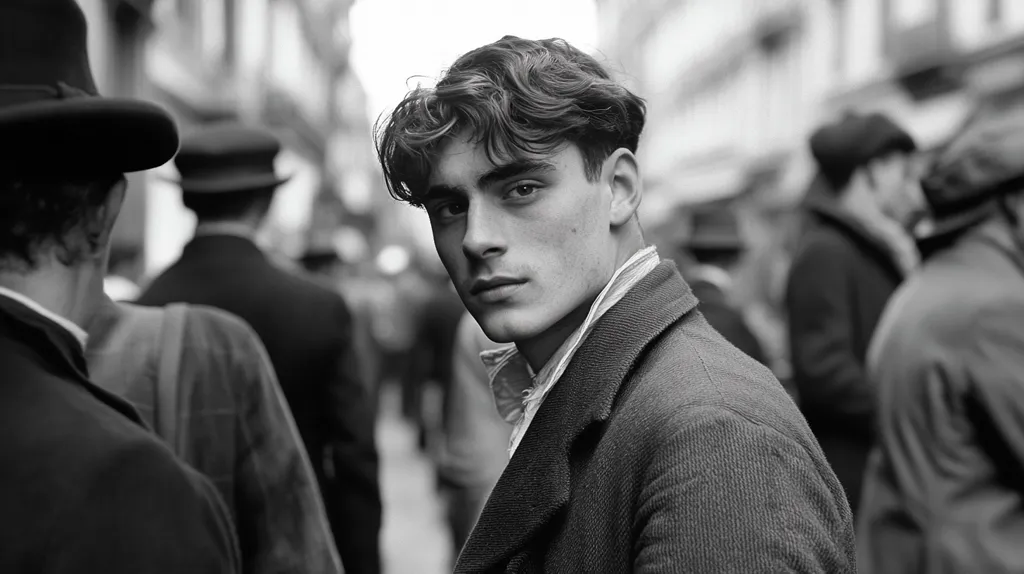 A young man with wavy hair and a serious expression stands in a crowd of people. He is wearing a collared shirt and a tweed jacket. The image is in black and white, and the focus is on the young man's face. The crowd is blurred in the background, creating a sense of anonymity.  The overall tone of the image is melancholic.  The image could be a still from a film or a photograph taken in the early 20th century.