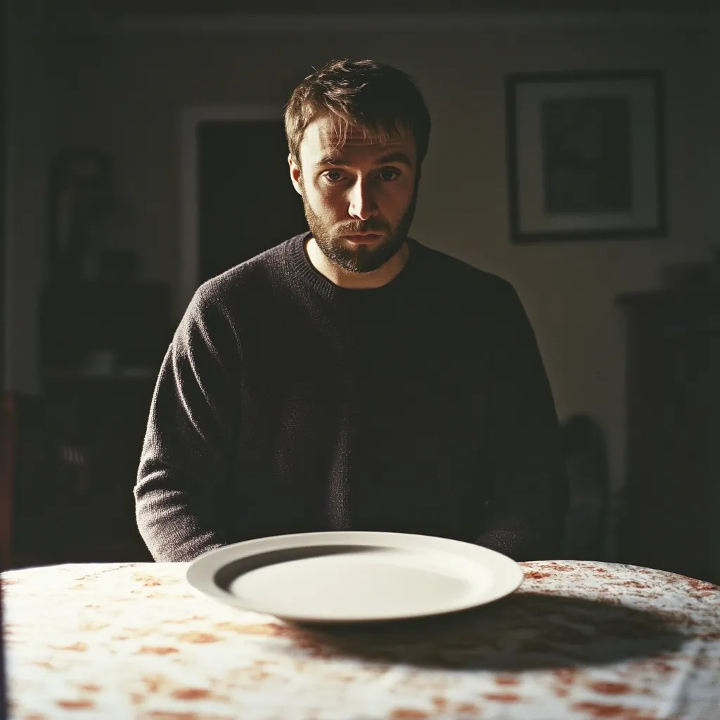 A man in a dark sweater sits at a table with a white plate in front of him. The table is covered in a white tablecloth with a floral pattern. The man's face is obscured by shadow, giving the image a sense of mystery and introspection. The empty plate suggests a sense of waiting or longing. The overall atmosphere is one of contemplation and anticipation.