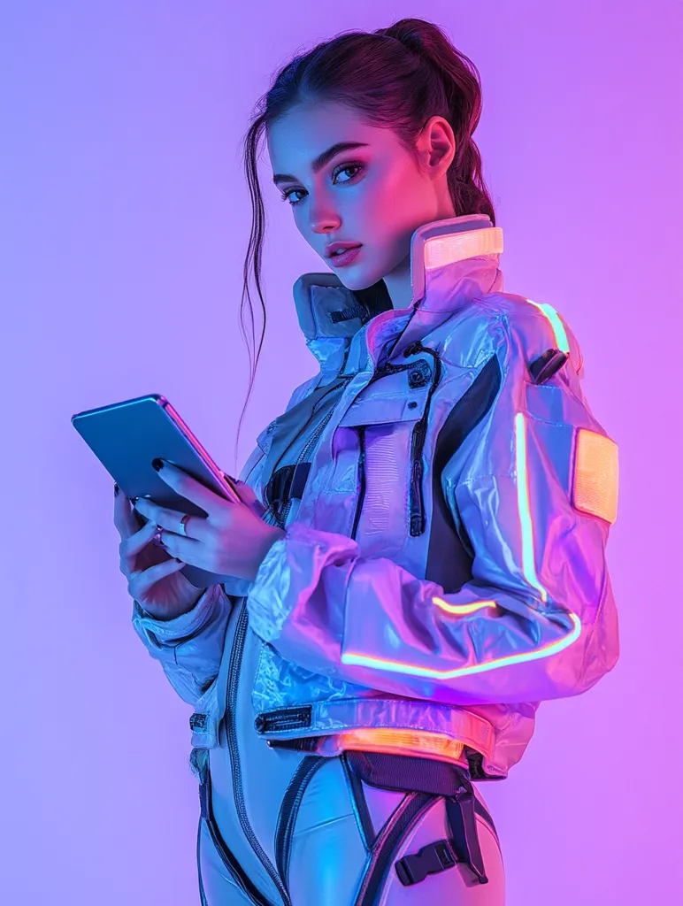 A young woman with long dark hair styled in a ponytail is wearing a silver and white futuristic jumpsuit. The jacket has neon green and orange accents. The woman is holding a black tablet in front of her. The background is a vibrant pink and blue gradient. The image has a futuristic and cyberpunk feel.  The woman's expression is confident and she is looking directly at the camera.