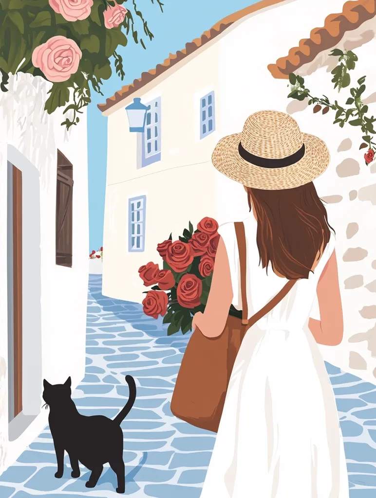 A woman in a white dress and a straw hat walks down a cobblestone street in a quaint village. She carries a bouquet of red roses and a brown leather bag. A black cat watches her from the side of the street. White buildings line the street, with windows and flower boxes. The sky is a bright blue.