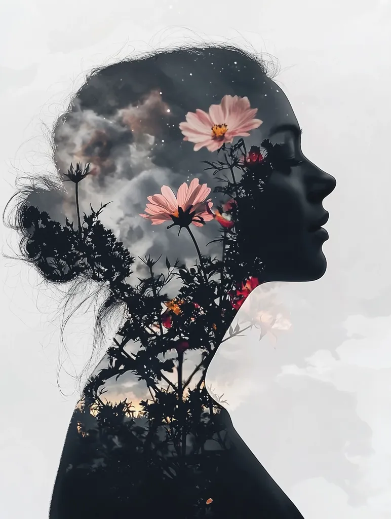The image is a double exposure portrait of a woman. Her silhouette is overlaid with a photograph of pink flowers against a cloudy sky. The delicate blooms intertwine with her hair, creating a dreamy and ethereal effect. The image suggests a connection between the woman and nature, symbolizing growth, beauty, and the passage of time.