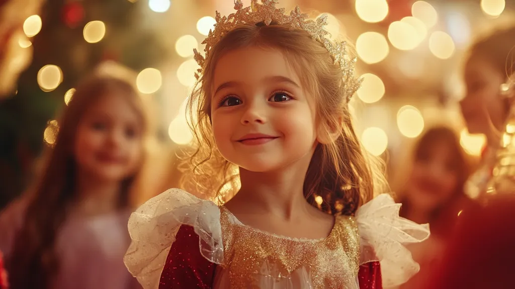 A young girl with long brown hair wears a sparkly gold dress and a crown. She smiles at the camera with a happy and innocent expression. The background is out of focus, showing a bokeh effect of warm lights.  The girl appears to be enjoying a special occasion.