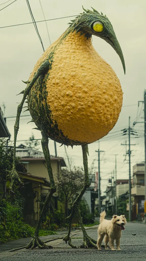 A large, grotesque, bird-like creature with a yellow, bumpy body and long, spindly, green legs walks down a paved street in a residential area. It has a long, thin neck and a small, pointed head with a large, yellow eye. In the foreground, a small, white dog looks up at the creature.  The creature's appearance is both unsettling and comical.
