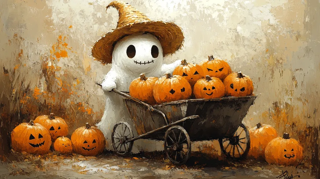 A friendly ghost wearing a straw hat and a stitched smile pushes a wheelbarrow full of jack-o'-lanterns. The wheelbarrow is overflowing with pumpkins, all with different carved faces. The background is a textured, earthy brown, with a few orange leaves scattered throughout. The scene is painted in a whimsical style, with soft brushstrokes and muted colors.
