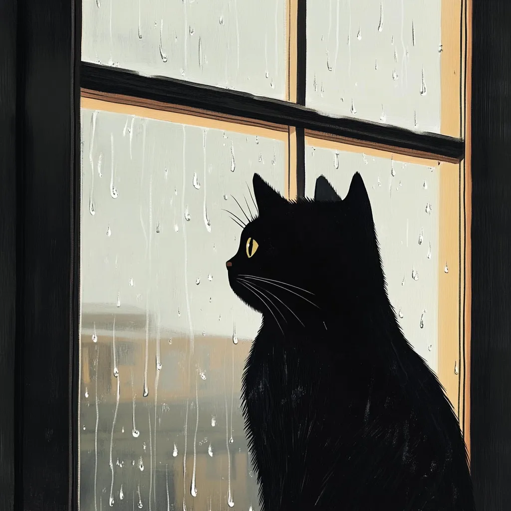 A black cat sits by a window, watching the rain fall outside. The window is framed in wood, and the cat's fur is sleek and shiny. The cat is looking out the window, its gaze fixed on something in the distance. The rain is falling in sheets, and the cat's silhouette is almost completely obscured by the water. The image is a simple but evocative depiction of a cat enjoying a rainy day.