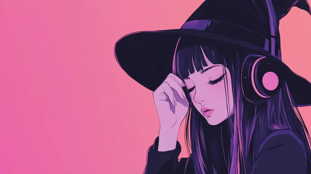 The image is a digital illustration of a young woman with long black hair wearing a black witch hat and headphones. She is depicted in a pensive mood, her eyes closed and her hand resting on her cheek. The background is a solid pink color, creating a stark contrast with the woman's dark features. The overall style of the image is minimalist and stylized, with a focus on strong lines and bold colors.