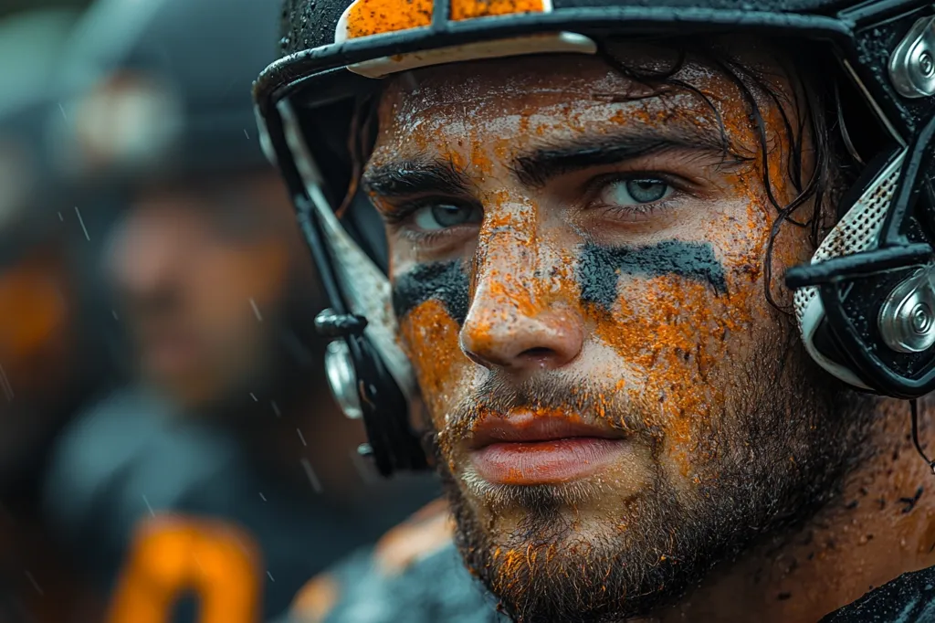 A close-up shot of a football player wearing a helmet. His face is covered in dirt and sweat, and he has black eye paint under his eyes. He stares intensely out of the frame. Rain falls on the background. The image creates a sense of intensity and determination.