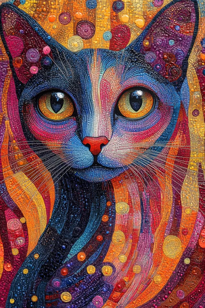 A close-up portrait of a cat's face, rendered in a vibrant mosaic style. The cat's fur is a kaleidoscope of blues, purples, oranges, and yellows, with a white nose and bright yellow eyes.  The background is a swirling pattern of colorful mosaic shapes, creating a sense of movement and energy.  The overall effect is a striking and abstract representation of a feline.