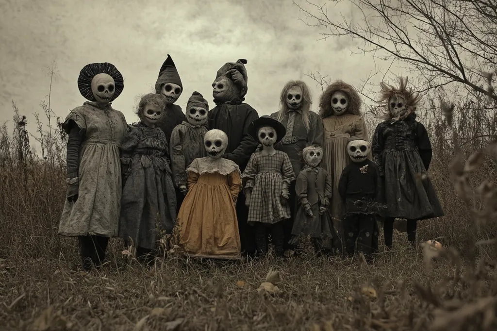 A group of children in creepy, old-fashioned clothing stand in a field.  All are wearing masks with skull-like faces, their eyes staring blankly ahead.  The scene is eerily unsettling, the children's expressions emotionless and the muted colors adding to the sense of unease.  The background is blurred and indistinct, creating a sense of isolation and mystery.  The image evokes a feeling of dread and the unknown, suggesting a sinister story.