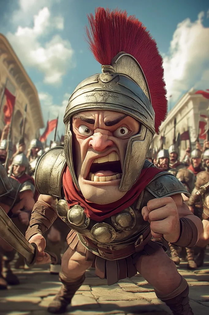 A cartoon Roman soldier, wearing a helmet with a red plume, looks fiercely at the viewer with his mouth open in a shout. He is surrounded by other soldiers, all facing forward in a battle formation. The scene is set in a Roman city, with stone buildings and a paved street in the background. The soldier's expression is intense and dramatic, conveying a sense of urgency and power.