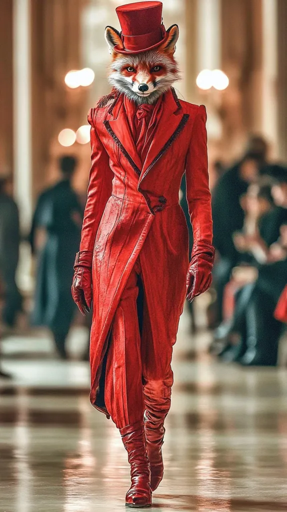 A fox wearing a red top hat and a long red coat walks down a runway. The fox has a serious expression on its face and is looking straight ahead. The background is blurred, and the only other details visible are the legs of people in the audience.  The fox is in a striking pose, and the red color of its outfit stands out against the neutral background.