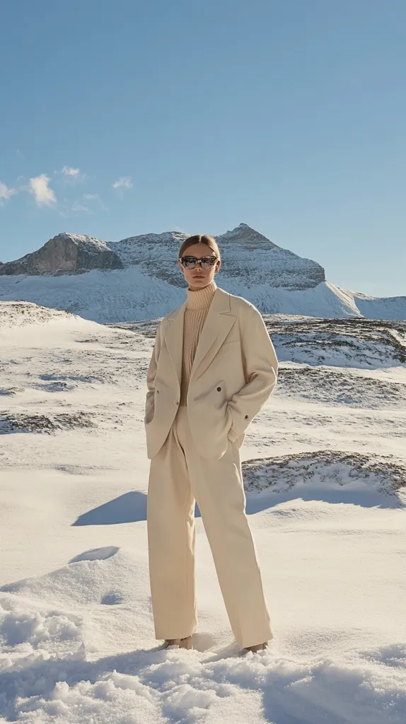 A woman wearing a cream-colored suit and sunglasses stands in a snowy landscape. The mountains in the background are covered in snow, and the sky is a clear blue. The woman's outfit is simple and elegant, and her pose is confident. The image has a minimalist aesthetic, with a focus on the woman and the snowy environment.