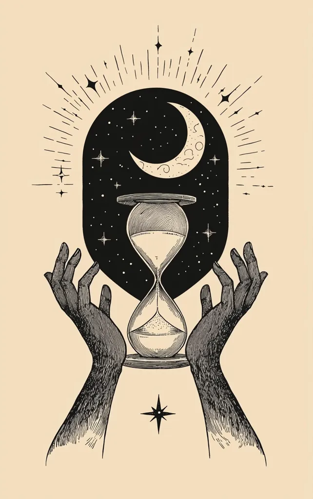 The image depicts an hourglass with a crescent moon and stars within its circular frame. Two hands reach up and hold the hourglass in place. The design is done in black and white with a vintage, almost woodcut style, and the background is a light beige. The image evokes a sense of time and the cosmos.