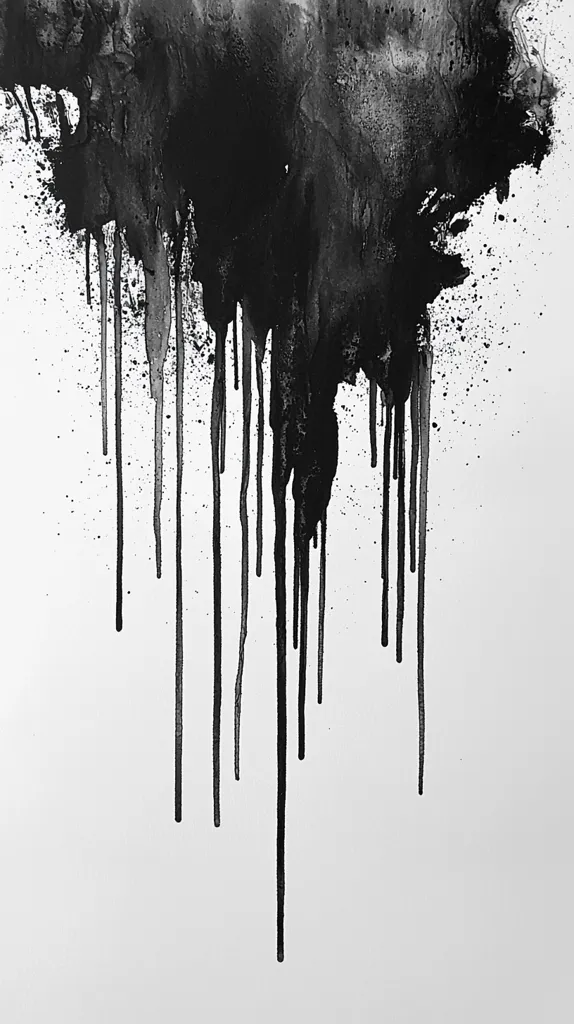 The image shows a large black splatter of paint on a white background.  The paint has dripped downwards, creating long, vertical lines.  The splatter appears as a dark cloud with a jagged edge.  The white background provides a stark contrast to the dark paint, creating a sense of drama and intensity.