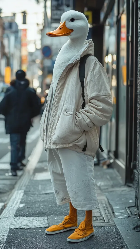 A person with a duck head is wearing a white jacket, white pants, and yellow sneakers. They are standing on a sidewalk in front of a building with a blurred background. The person is looking straight ahead and has a backpack on their back.  The image is taken from a low angle, giving the person a slightly distorted appearance.