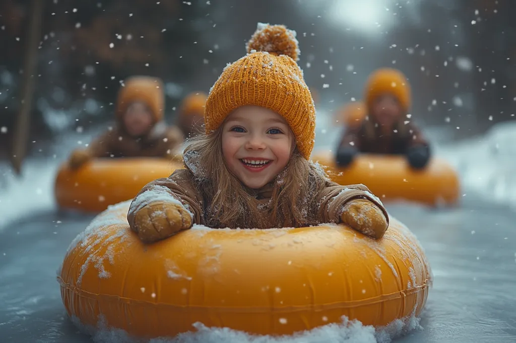 A young girl with long blonde hair, wearing a yellow knitted hat and gloves, sits in a yellow snow tube. She is smiling broadly and her eyes sparkle with joy. Two other children, also wearing yellow hats, are visible behind her, enjoying the snowy day. Snow falls gently around them, creating a magical winter scene.