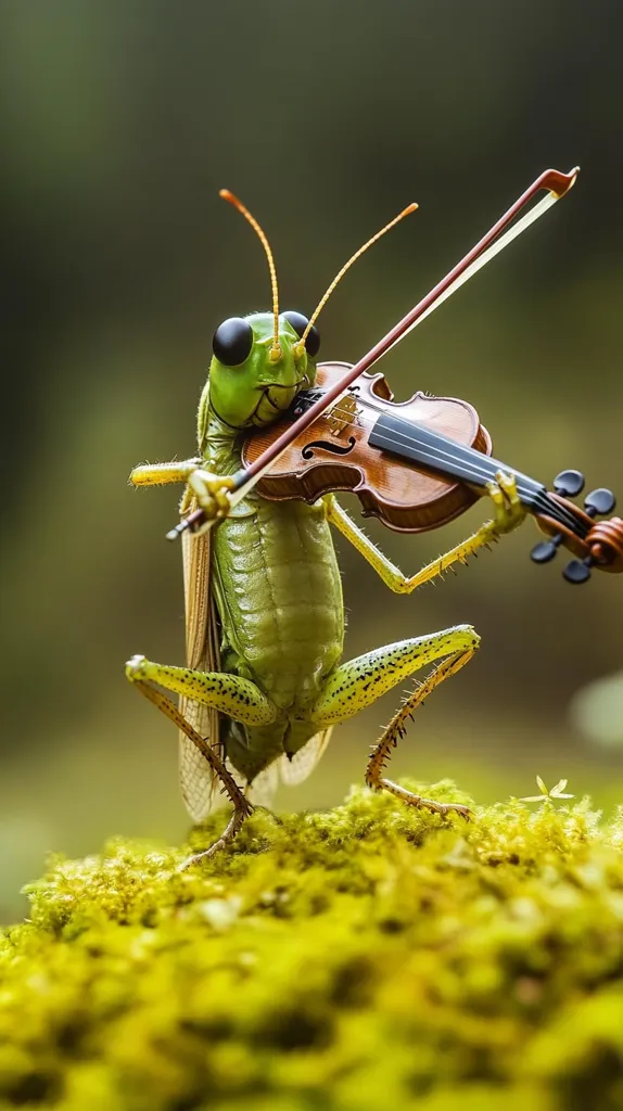 A green grasshopper plays the violin, its long, slender legs holding the instrument. Its large, black eyes focus on the music, and its tiny mouth appears to be moving as if playing. The grasshopper stands on a patch of green moss, with a blurred green background.  The image is a humorous take on the idea of a musical insect.