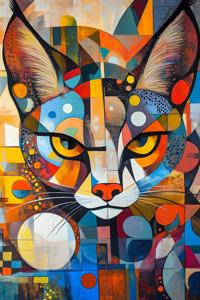 A colorful abstract painting of a cat's face. The cat's features are stylized and broken up into geometric shapes, primarily squares and circles. The background is a vibrant mix of blues, oranges, yellows, and greens. The cat's eyes are large and round, with bright yellow pupils. The painting is bold and eye-catching, with a whimsical feel.