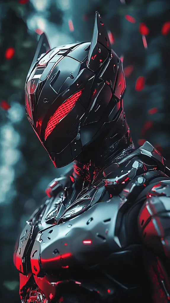 A futuristic, armored figure stands in a shadowy, glowing environment. The figure wears a sleek, black helmet with red accents that glow with an ethereal light. The armor is intricately detailed, with a metallic sheen that reflects the surrounding light. The figure's posture is stoic and imposing, suggesting a sense of power and mystery.  The background is a blur of dark blue and red, creating an atmosphere of both danger and intrigue.