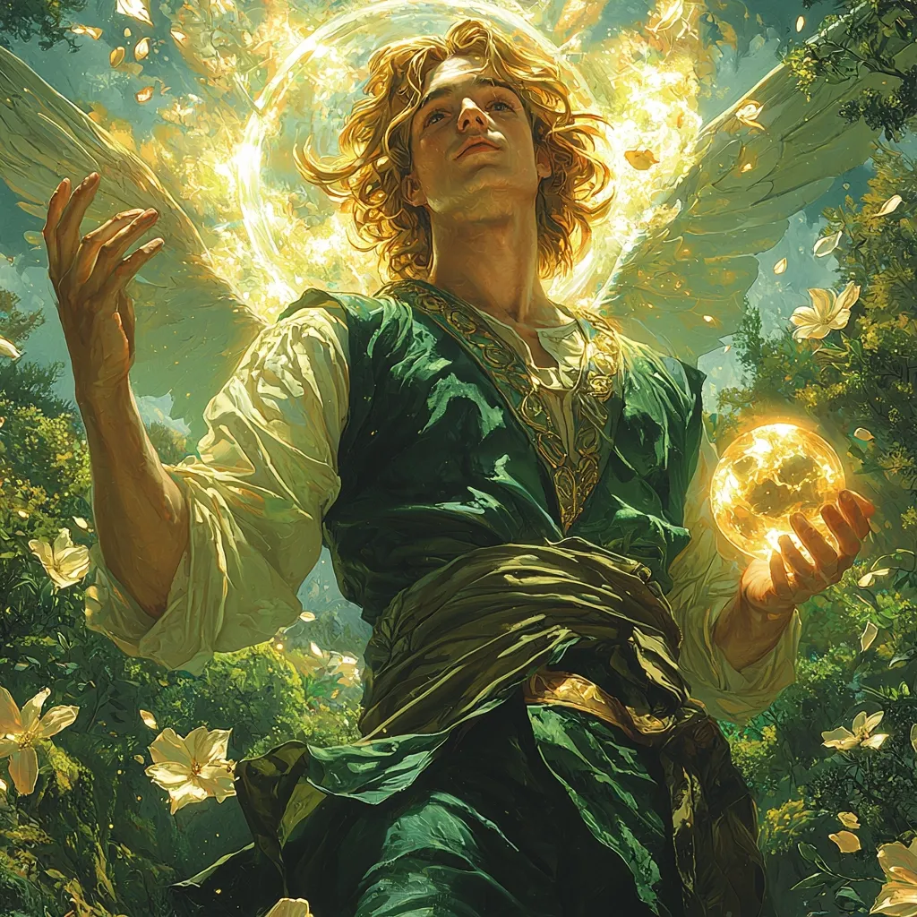 A young man with long, flowing blonde hair and a golden halo stands amidst a lush forest, his outstretched hand holding a glowing orb. He is dressed in green and gold garments, and large white wings emerge from his back, signifying his angelic nature. The light from the orb illuminates the surrounding foliage, casting a warm glow over the scene.  The image evokes a sense of serenity, wonder, and divine power.