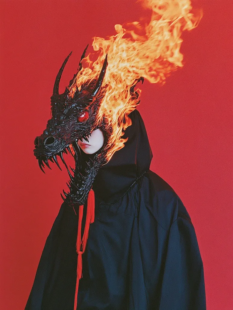 A person is wearing a black dragon mask with red eyes, the mask is on fire, and the person is wearing a black cloak and the background is a red wall. The image is a dramatic portrait with a mystical theme, with the fire representing power and the dragon symbolizing strength and courage. The black cloak adds to the mysterious and powerful feel of the image.