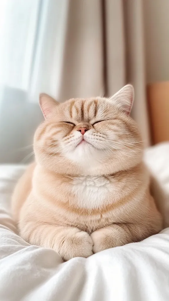 A cream-colored cat with its eyes closed and paws tucked under its chest lies peacefully on a white bed. It's soft fur and relaxed posture radiate contentment, suggesting a moment of pure bliss. The white background with soft light accentuates the cat's fluffy appearance and adds to the overall sense of tranquility.
