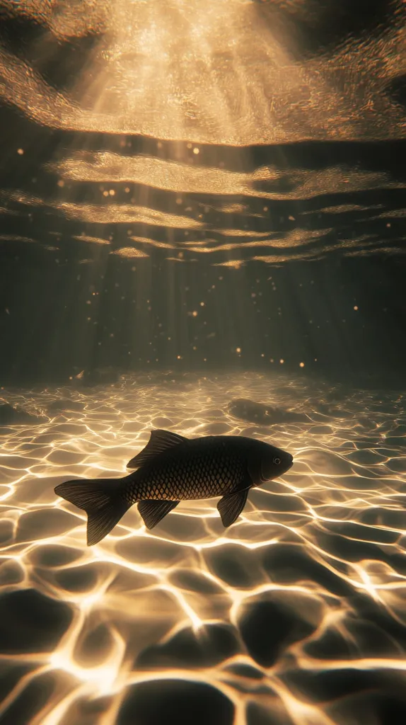 A single fish swims through clear, golden water. The sun shines through the surface, creating a ripple pattern on the sandy bottom. The fish's dark silhouette contrasts with the bright light, highlighting its scales and fins. The scene captures the beauty and serenity of underwater life.