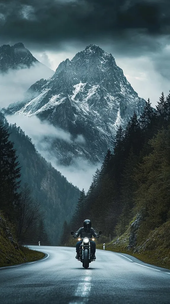 A lone motorcyclist rides along a winding asphalt road that curves through a mountainous landscape. The road is flanked by dense evergreen forests and towering snow-capped peaks. The scene is bathed in a moody, atmospheric light, with clouds casting shadows across the mountains. The rider's helmet and motorcycle are silhouetted against the distant peaks, creating a sense of solitude and adventure.