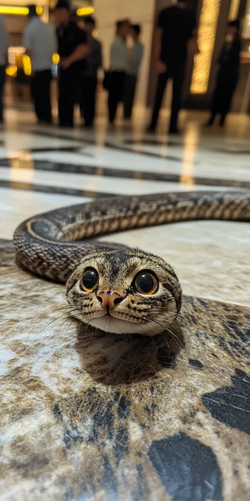 A cat's head is sticking out of a snake's body, looking directly at the camera with big, round eyes. The snake is lying on a tiled floor in a blurred background of people walking by. The cat's head is slightly tilted, as if looking curiously at the viewer.  The image is a surreal and humorous combination of animals.