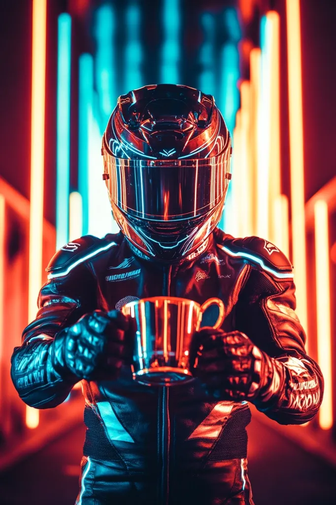 A motorcyclist, wearing a black leather jacket and a full-face helmet, stands in a dimly lit space with red and blue neon lights reflecting off their helmet and jacket.  They are holding a metal cup in their gloved hands. The image has a futuristic and mysterious vibe.