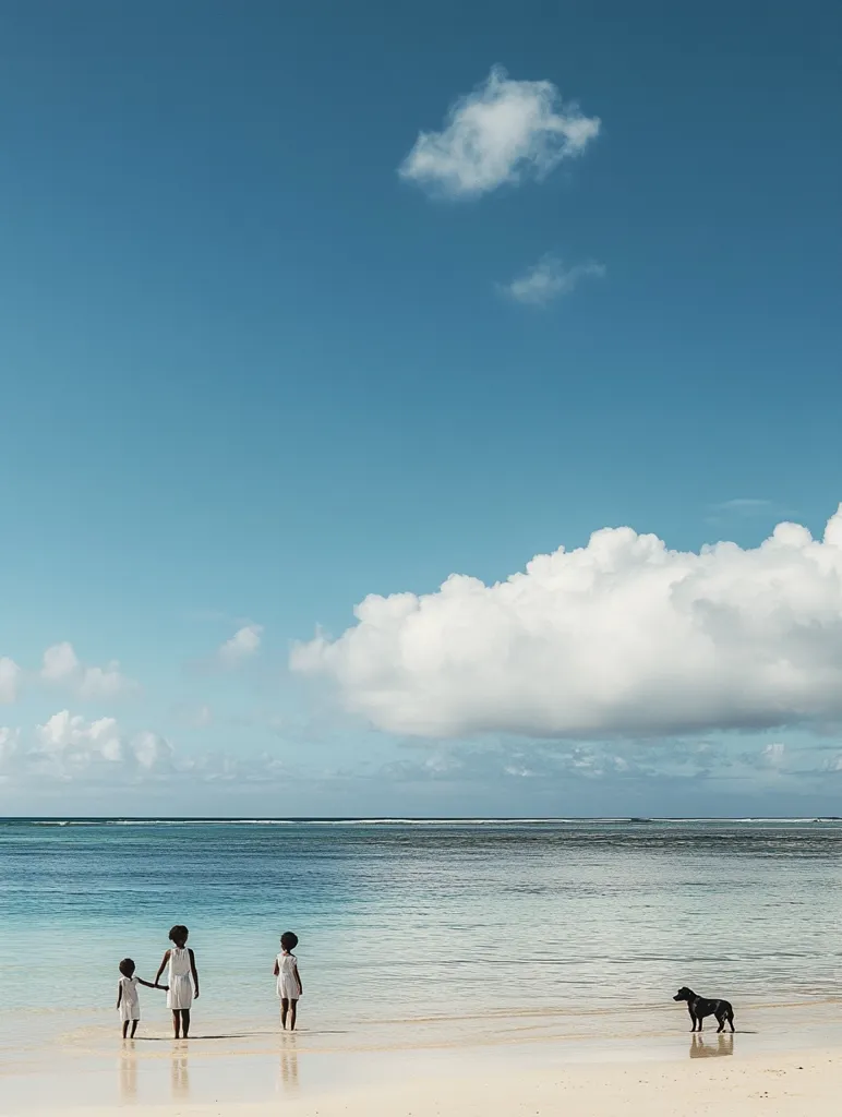 A tranquil beach scene unfolds under a clear blue sky dotted with fluffy white clouds.  Three girls in white dresses stand on the sandy shore, their backs to the camera, gazing out at the calm, turquoise ocean. A solitary black dog walks on the beach to the right. The idyllic setting evokes a sense of serenity and peace.