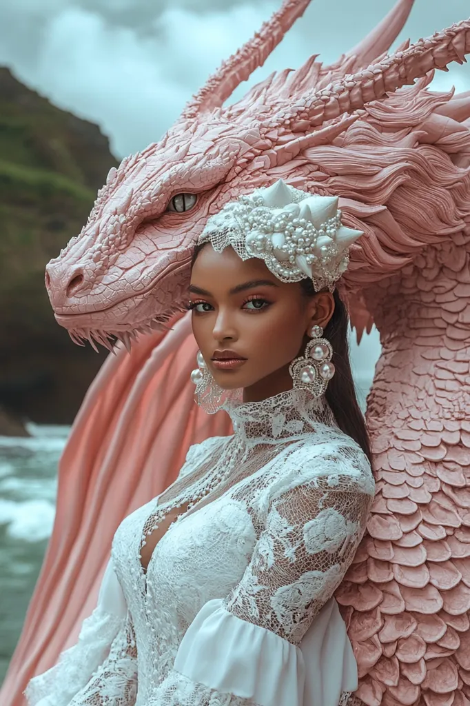 A woman in a white lace dress with pearl jewelry poses with a large, pink dragon. She has a crown of pearls and white flowers on her head. The dragon's scales are visible. The background is a blurred landscape of green hills and blue water. The lighting is soft and the overall mood is ethereal and mysterious.