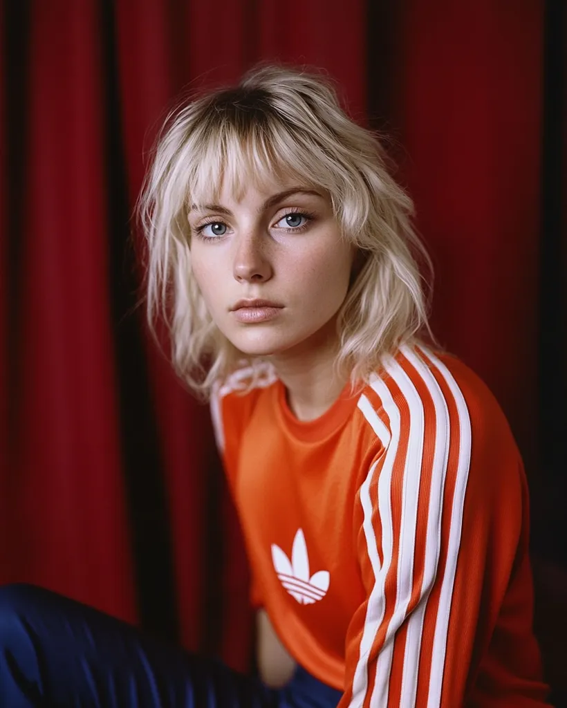 A young woman with short blonde hair and bangs is sitting in front of a red curtain. She is wearing an orange Adidas tracksuit with white stripes and an Adidas logo. The woman is looking directly at the camera with a neutral expression. The photo has a vintage feel and is likely taken indoors.
