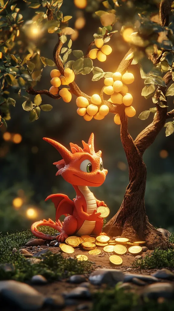 A small, orange dragon sits under a tree laden with ripe, golden fruit. He holds a coin in his hand, surrounded by scattered gold coins. The warm, golden light of the setting sun illuminates the scene, casting a magical glow over the forest floor. The dragon's expression is one of contentment, as if he has discovered a hidden treasure.
