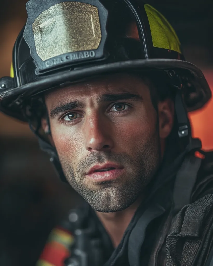 A firefighter, with a determined look in his eyes, stares directly at the camera. He is wearing a black helmet with a reflective sticker and a yellow stripe, and a dark uniform.  His facial expression suggests he is focused and ready for action. The image's dark background creates a sense of intensity and danger, highlighting the firefighter's bravery.