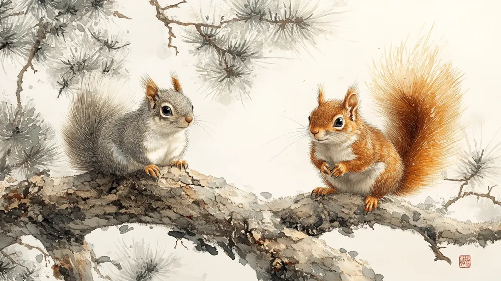 Two squirrels are perched on a tree branch, their tails fluffed out behind them. The squirrel on the left is grey with a white belly, while the squirrel on the right is red with a white belly. The squirrels are facing each other and appear to be communicating. The background is a soft, watercolor wash of grey and white, depicting a pine tree branch.  The image has a delicate, whimsical feel, perhaps hinting at a secret squirrel conversation.