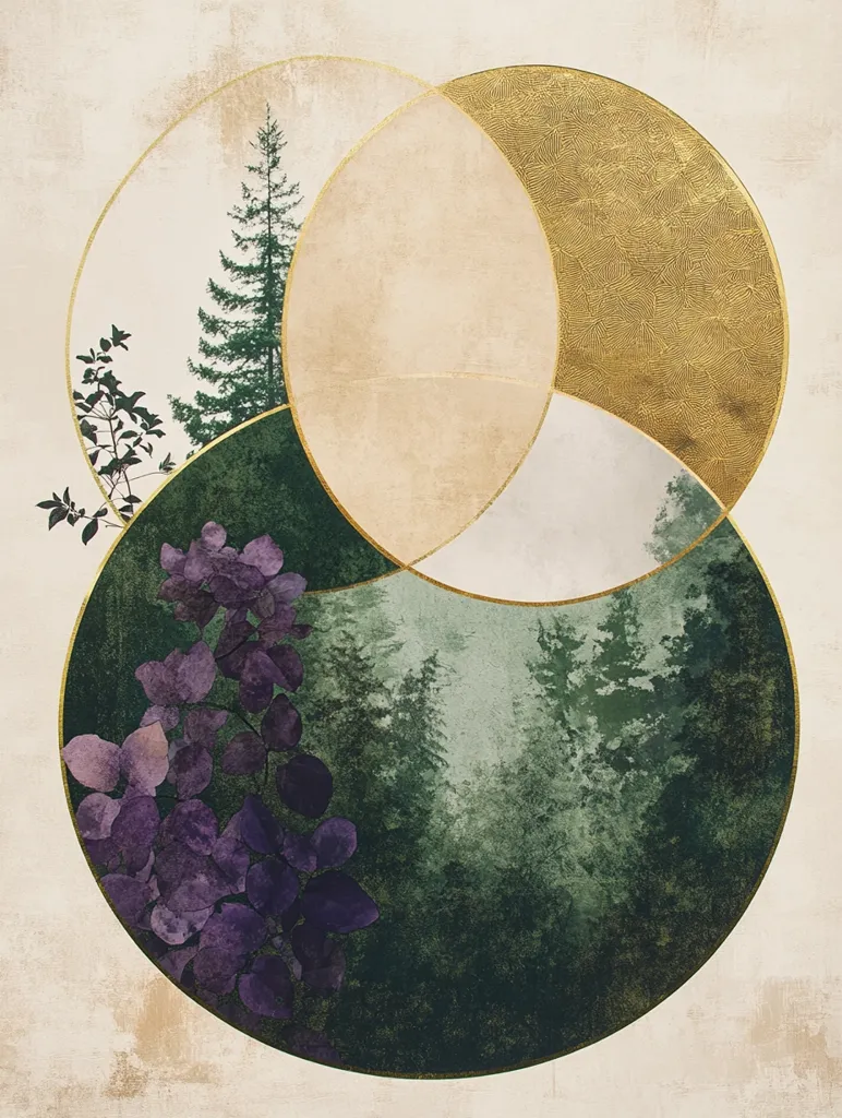 The image is an abstract, geometric composition of overlapping circles in muted tones. One large circle is filled with a forest scene, while the smaller circles hold a single pine tree, purple foliage, and a gold patterned texture. The background is an off-white with a slightly textured, watercolor effect. The overall mood is calm and contemplative.