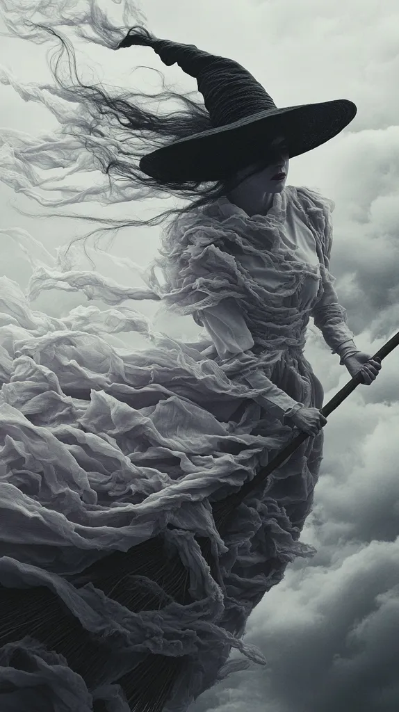 A witch, shrouded in flowing fabric, rides a broomstick against a backdrop of stormy clouds. Her large, pointed hat casts a shadow across her face. The wind whips through her hair, creating a sense of movement and drama.  The image is rendered in a monochromatic palette of black, white, and shades of gray.