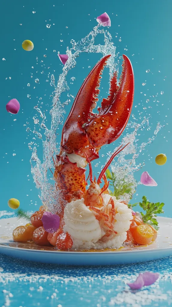 A cooked lobster claw bursts out of a splash of water,  a dramatic presentation on a white plate. The claw is partially submerged in a bed of white rice and surrounded by orange and red vegetables. Pink flower petals and water droplets decorate the scene.  The background is a vibrant blue.  The image highlights the freshness and vibrancy of the lobster dish.