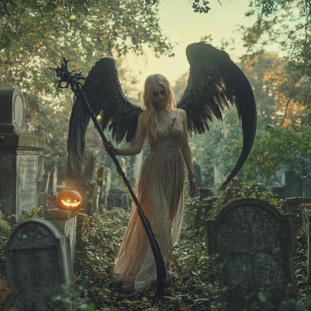 A woman with large black feathered wings and a long, dark staff walks through a cemetery. She is dressed in a flowing white gown and has a serious expression on her face. The scene is dimly lit and has a mysterious and ethereal atmosphere.