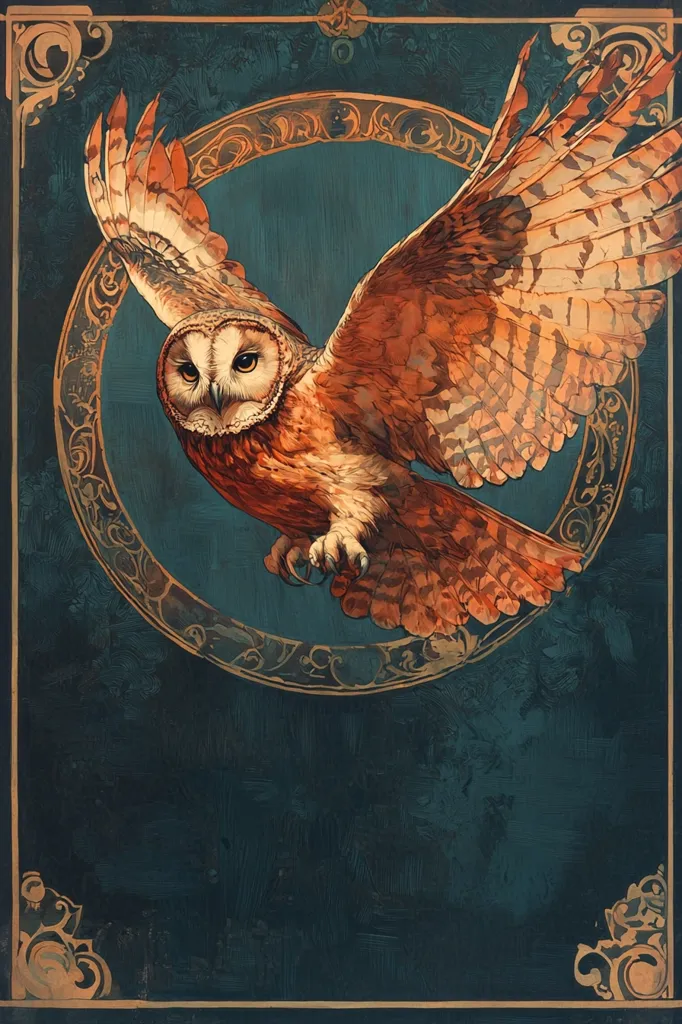 The image depicts a brown owl with its wings spread wide, flying through a circular frame with ornate gold detailing. The owl's feathers are intricately detailed, and its large, yellow eyes stare intently at the viewer. The background is a deep teal, creating a dramatic contrast with the owl's warm hues. The overall image evokes a sense of mystery and wisdom, with the owl symbolizing knowledge and insight. The ornate frame adds a touch of elegance and sophistication to the artwork.