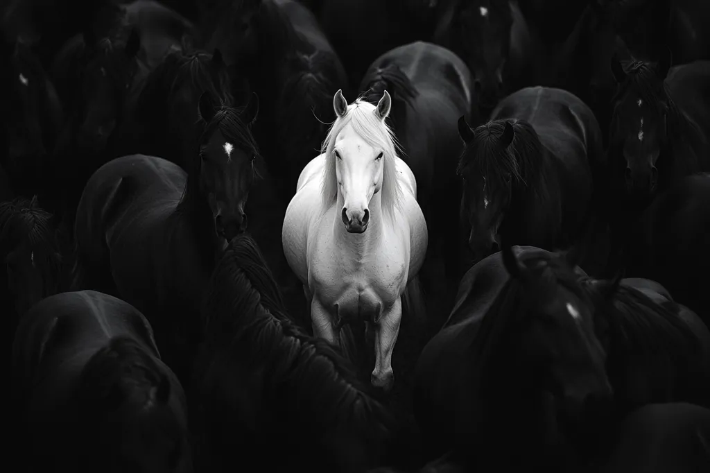 A single white horse stands out from a crowd of black horses, its white coat gleaming in the darkness. The black horses are clustered around the white horse, their heads turned towards it, as if observing or acknowledging its unique presence. The image is in black and white, adding to the stark contrast and highlighting the white horse's striking individuality.