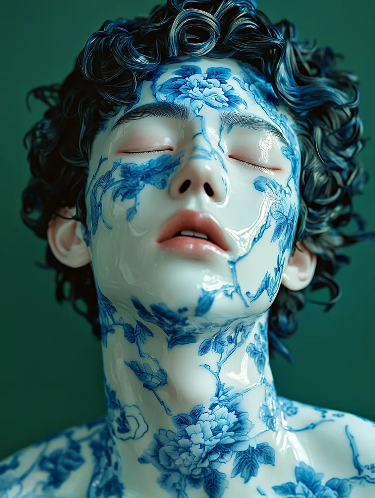 A young man with dark curly hair has his eyes closed and his head tilted back. His skin is painted with a blue and white floral pattern, resembling porcelain. The background is a dark teal green. The image is a surreal and artistic portrait.
